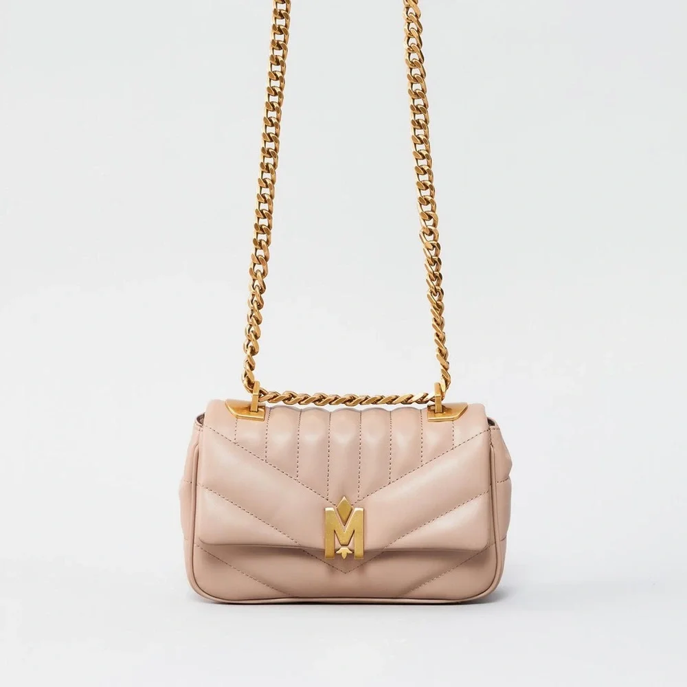 Mackage Quilted Leather Crossbody Bag in Beige with Gold Hardware